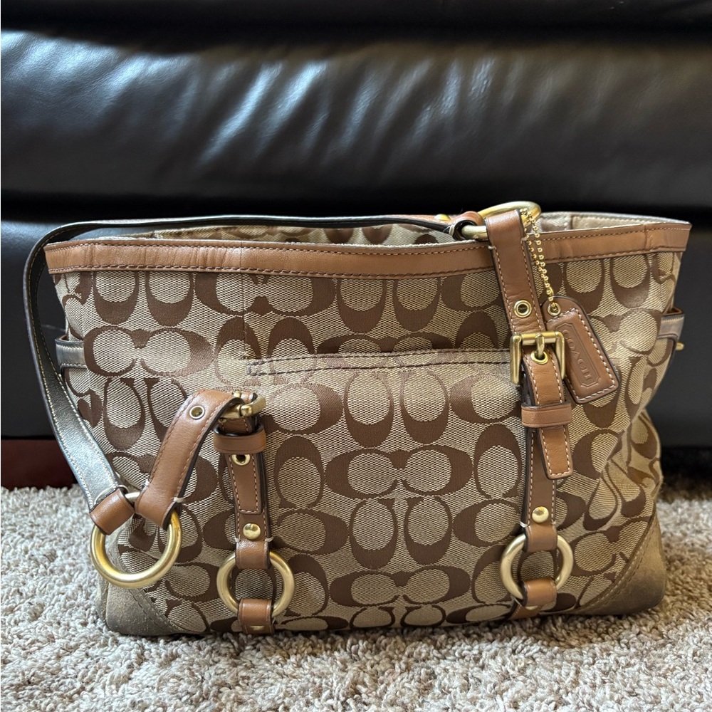 Coach Brown and Gold Shoulder Bag with Signature Monogram